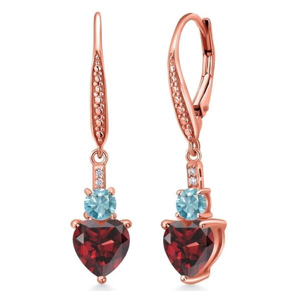 18K Rose Gold with 3.63 Cttw Red Garnet and Blue Zircon Heart Drop Earrings